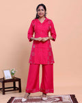 Women's Floral Embroidered Shirt-Collar Kurta with Wide-Leg Pants - Pink