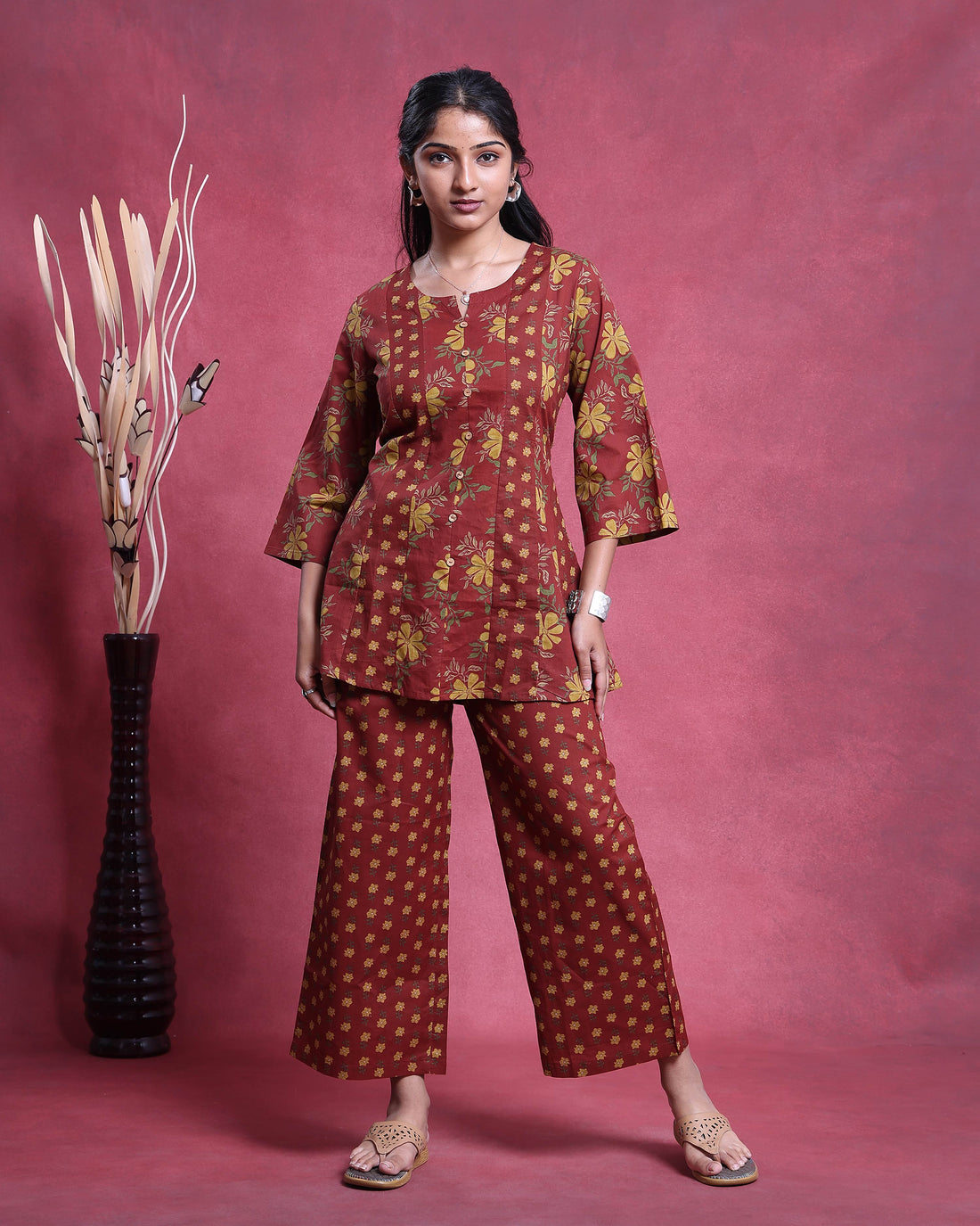 Women’s Floral Print Cotton Nightwear Set with Button Down Kurta Top and Straight Pants - Maroon