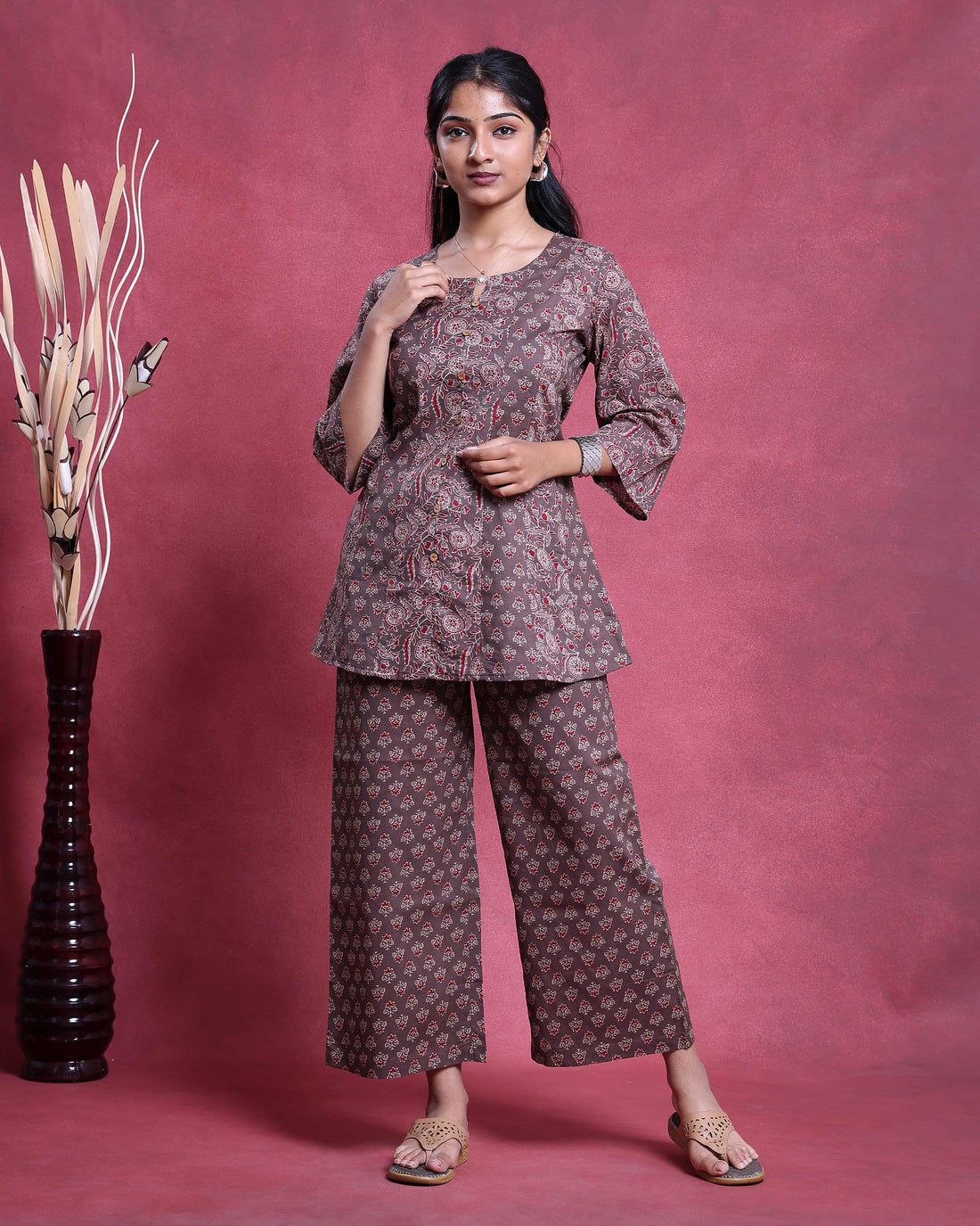 Women’s Floral Print Cotton Nightwear Set with Front Button Kurta Top and Straight Pants - Brown