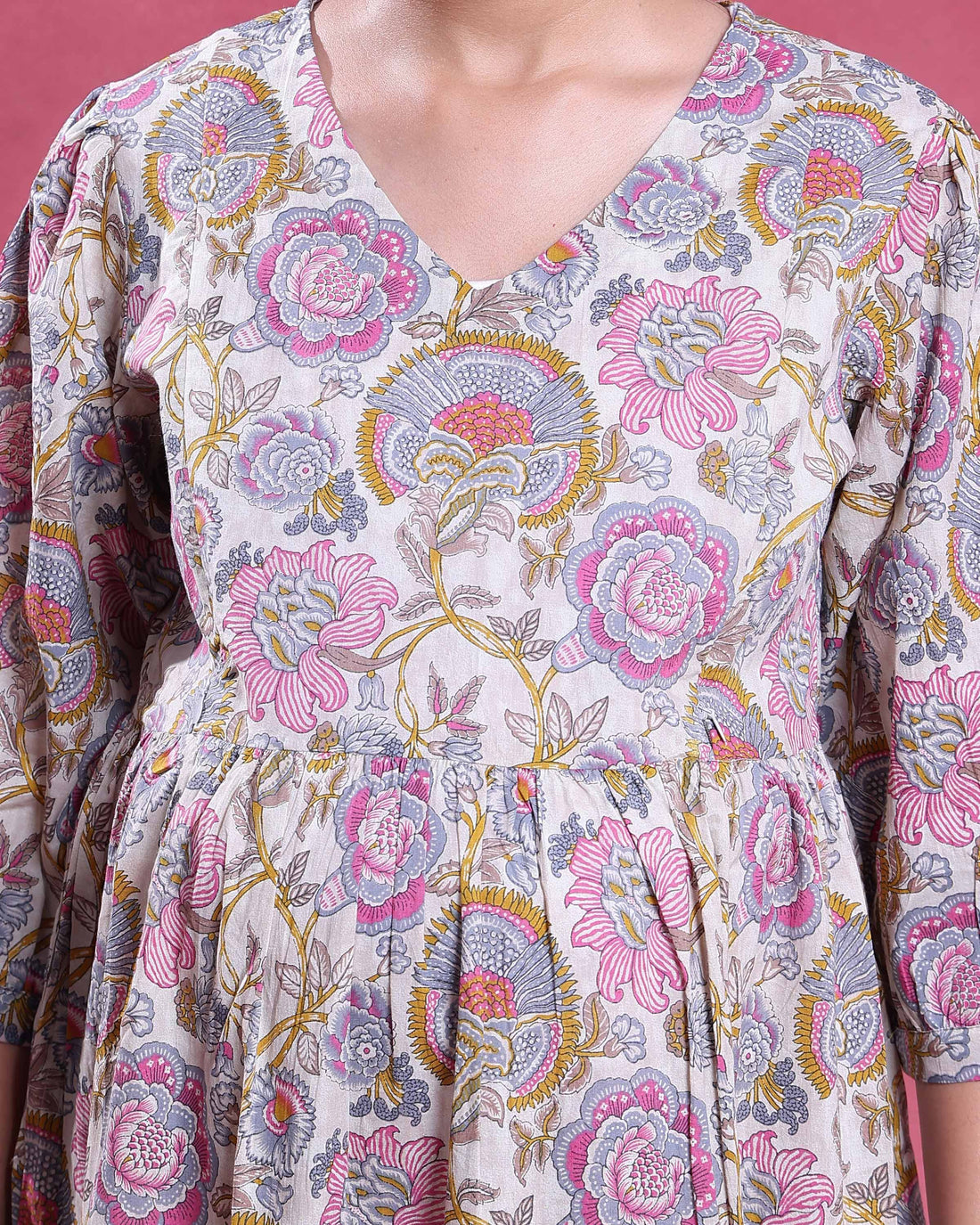 Women’s Floral Print Maternity Feeding Dress with Gathered Waistline Relaxed Fit 3/4th Sleeves - Off White