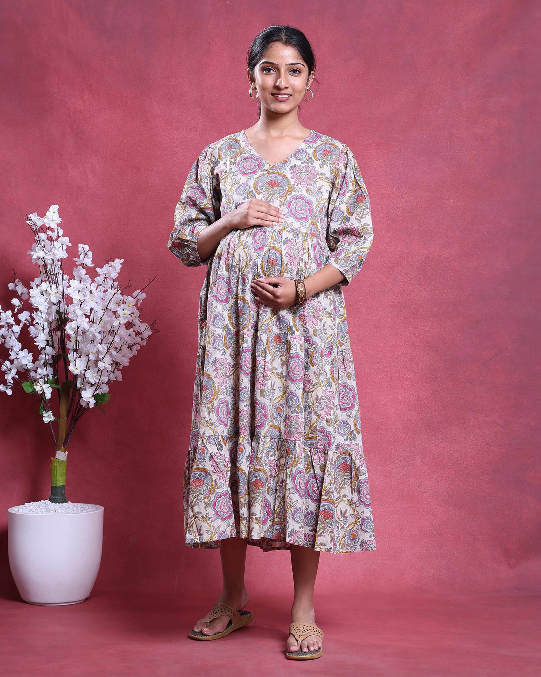 Women’s Floral Print Maternity Feeding Dress with Gathered Waistline Relaxed Fit 3/4th Sleeves - Off White