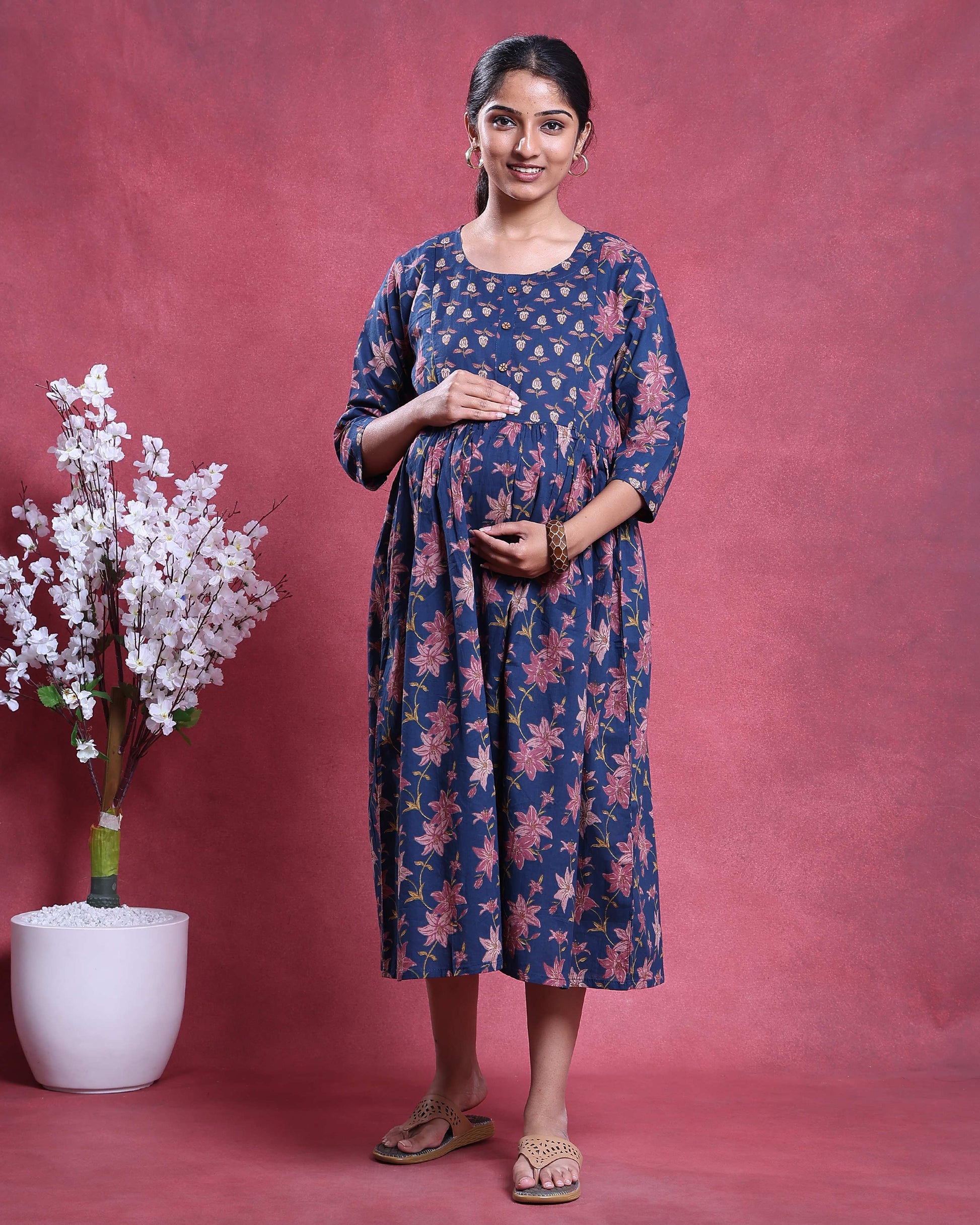 Women’s Floral Print Maternity Feeding Dress with Round Neck & 3/4th Sleeves - Blue