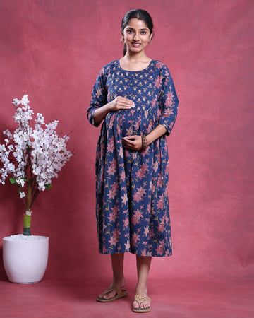 Women’s Floral Print Maternity Feeding Dress with Round Neck & 3/4th Sleeves - Blue