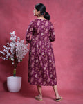 Women’s Floral Print Maternity Feeding Dress with Round Neck & 3/4th Sleeves - Maroon-Back Image