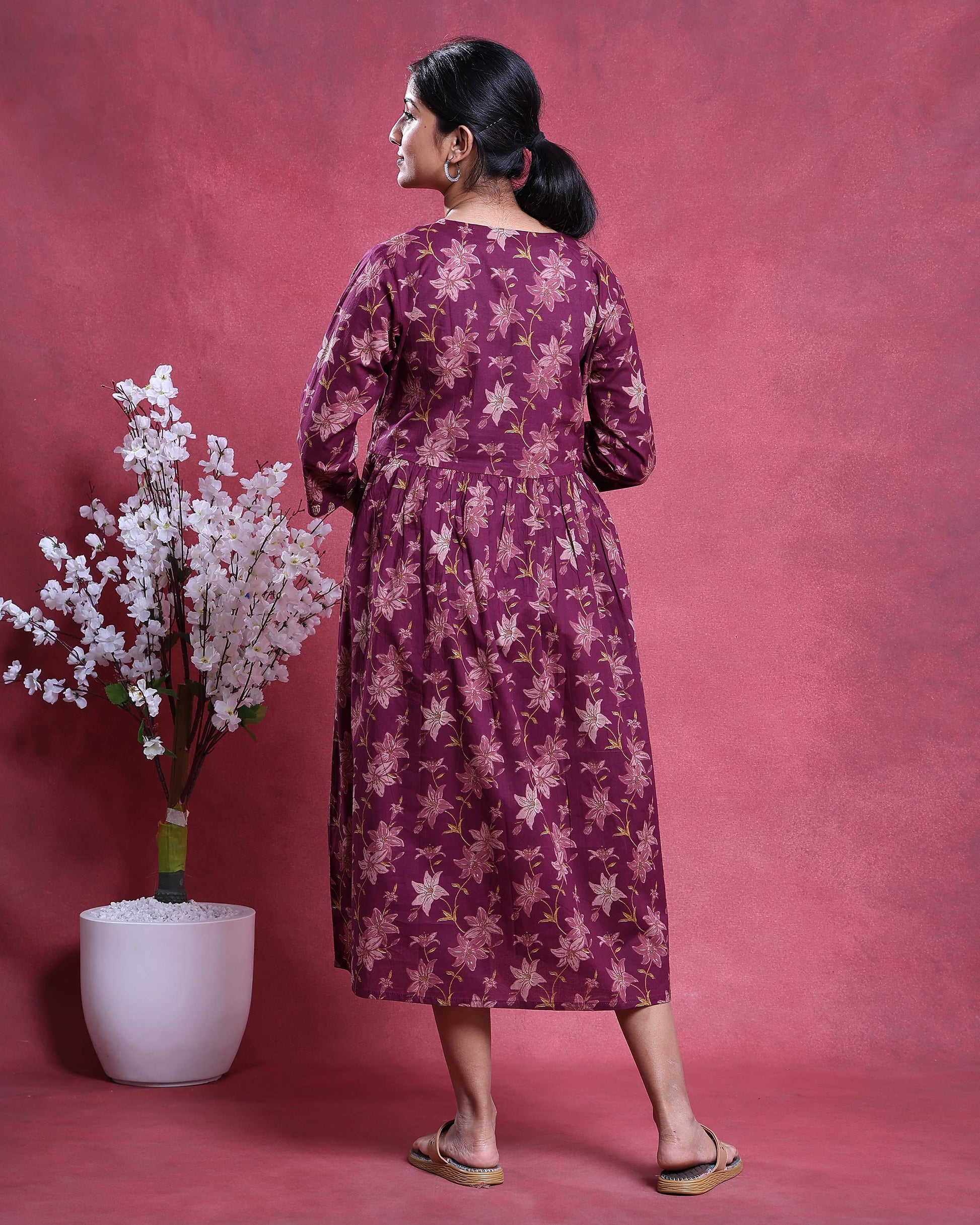 Women’s Floral Print Maternity Feeding Dress with Round Neck & 3/4th Sleeves - Maroon-Back Image