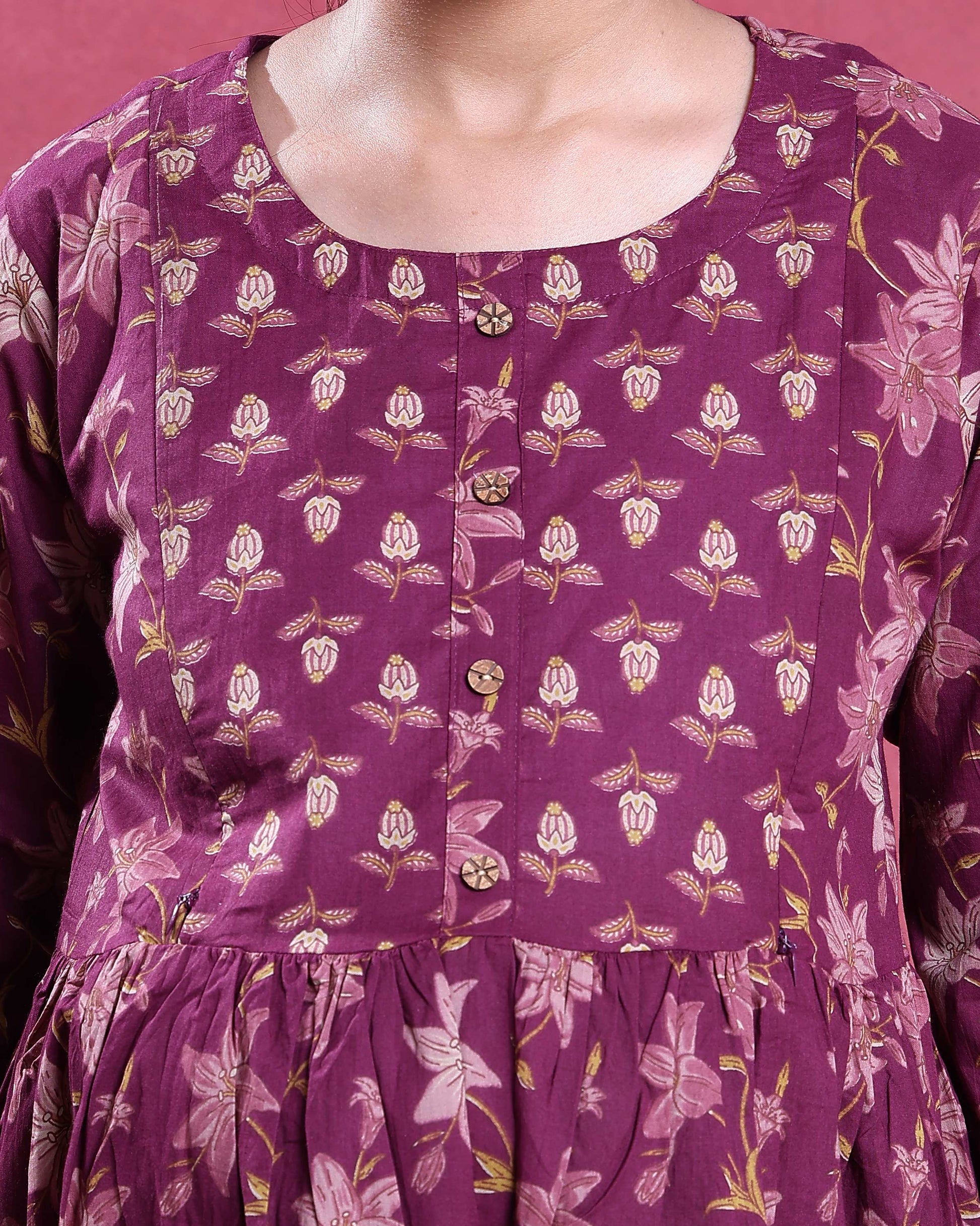Women’s Floral Print Maternity Feeding Dress with Round Neck & 3/4th Sleeves - Maroon-Close Up