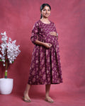 Women’s Floral Print Maternity Feeding Dress with Round Neck & 3/4th Sleeves - Maroon-Main Image