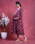 Women’s Floral Print Maternity Feeding Dress with Round Neck & 3/4th Sleeves - Maroon-side image