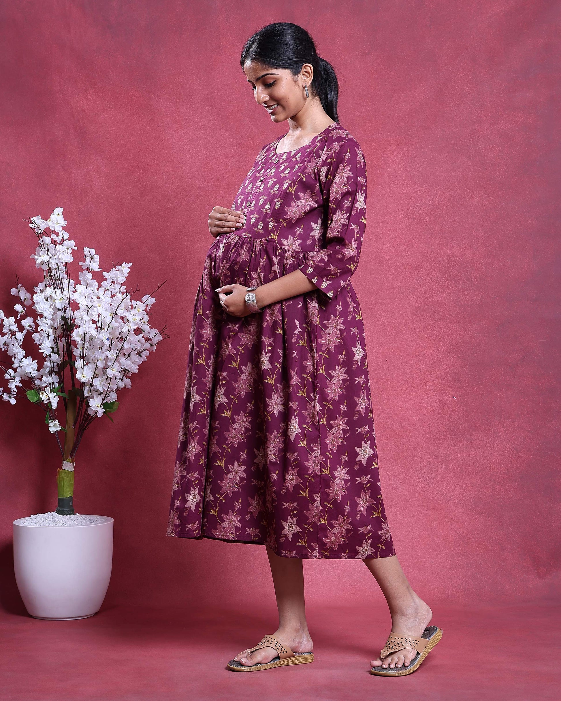 Women’s Floral Print Maternity Feeding Dress with Round Neck & 3/4th Sleeves - Maroon-side image