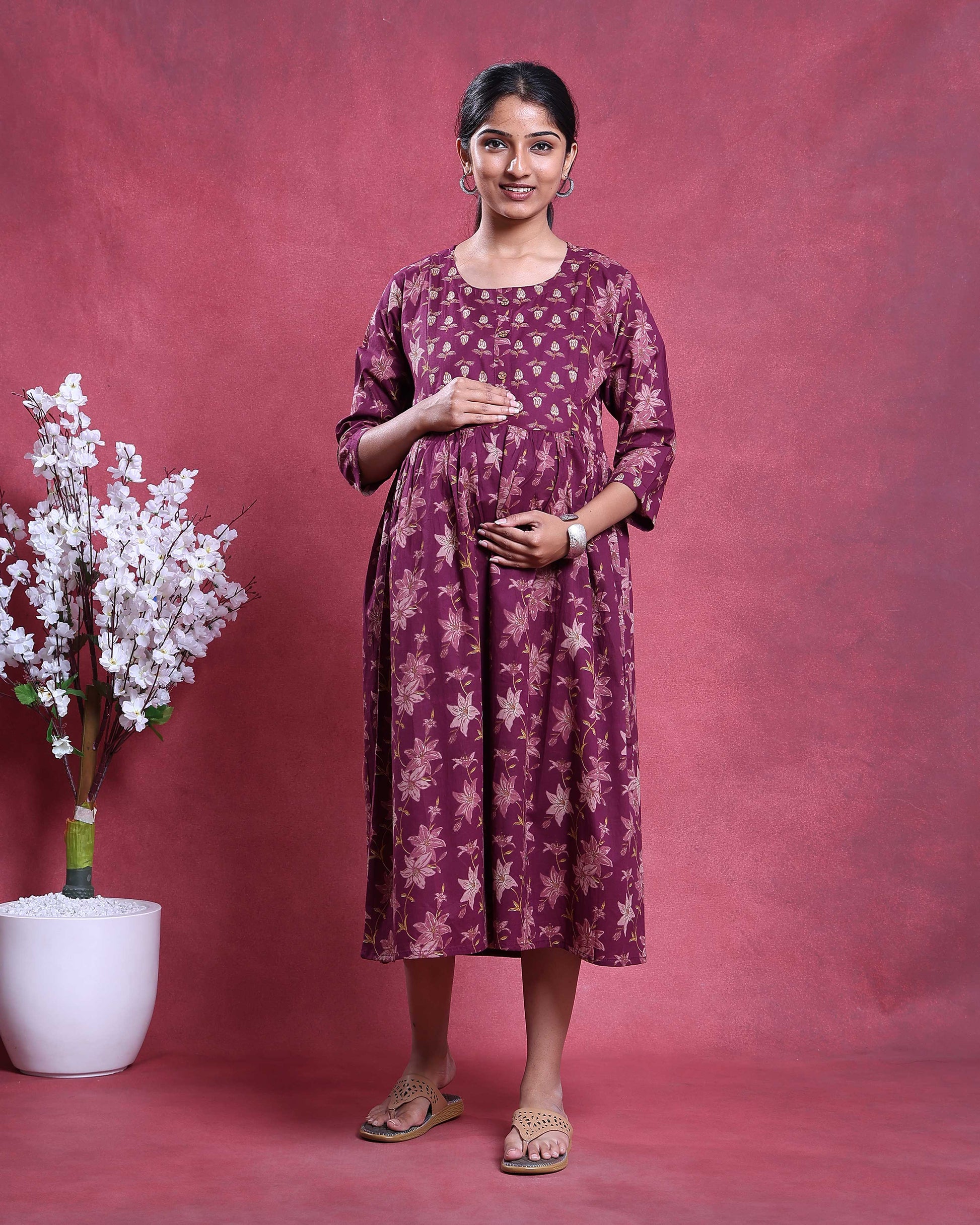 Women’s Floral Print Maternity Feeding Dress with Round Neck & 3/4th Sleeves - Maroon