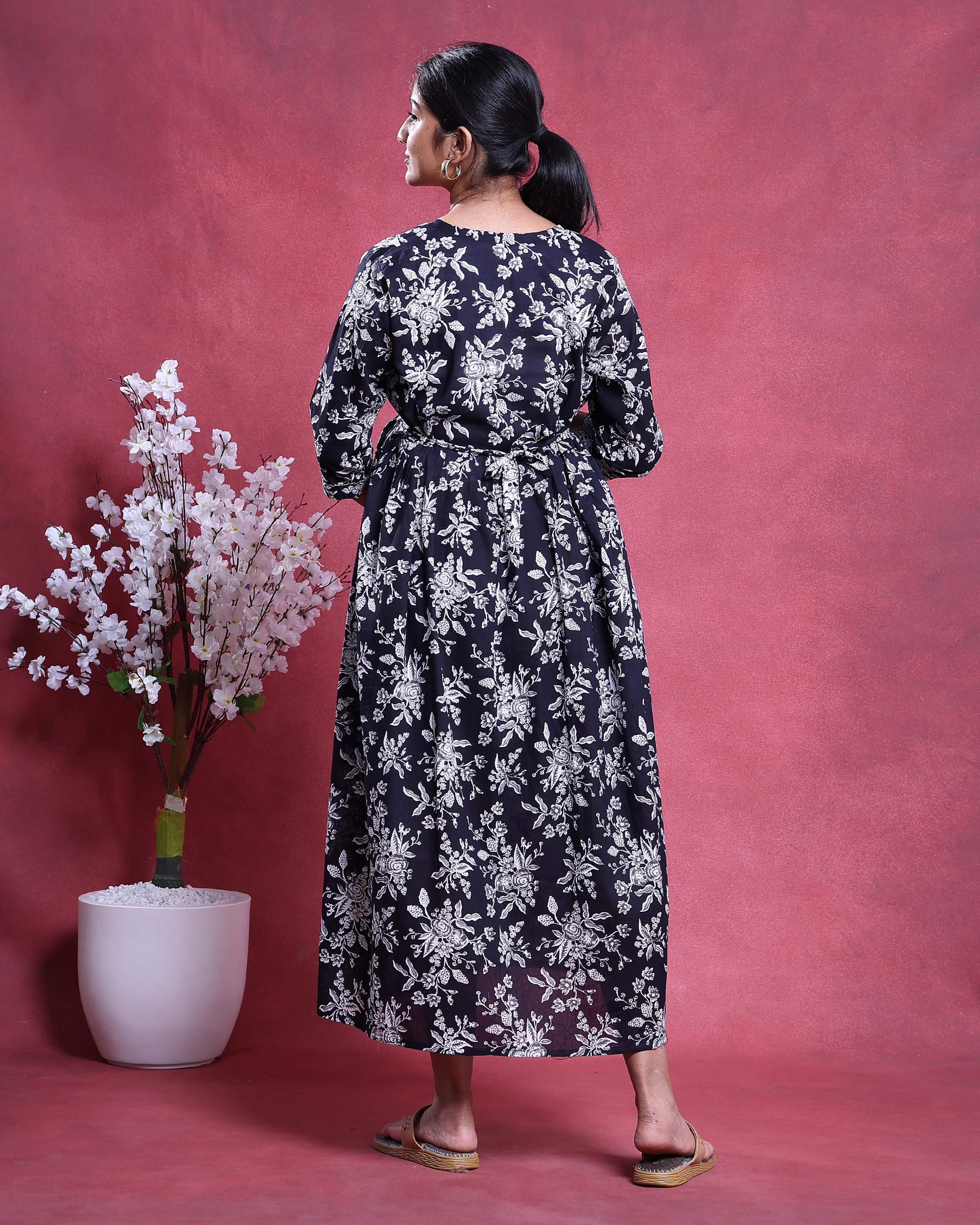 Women’s Floral Print Maternity Feeding Dress with Round Neck and 3/4th Sleeves -Back Side Image