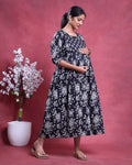 Women’s Floral Print Maternity Feeding Dress with Round Neck and 3/4th Sleeves -Left Side Image