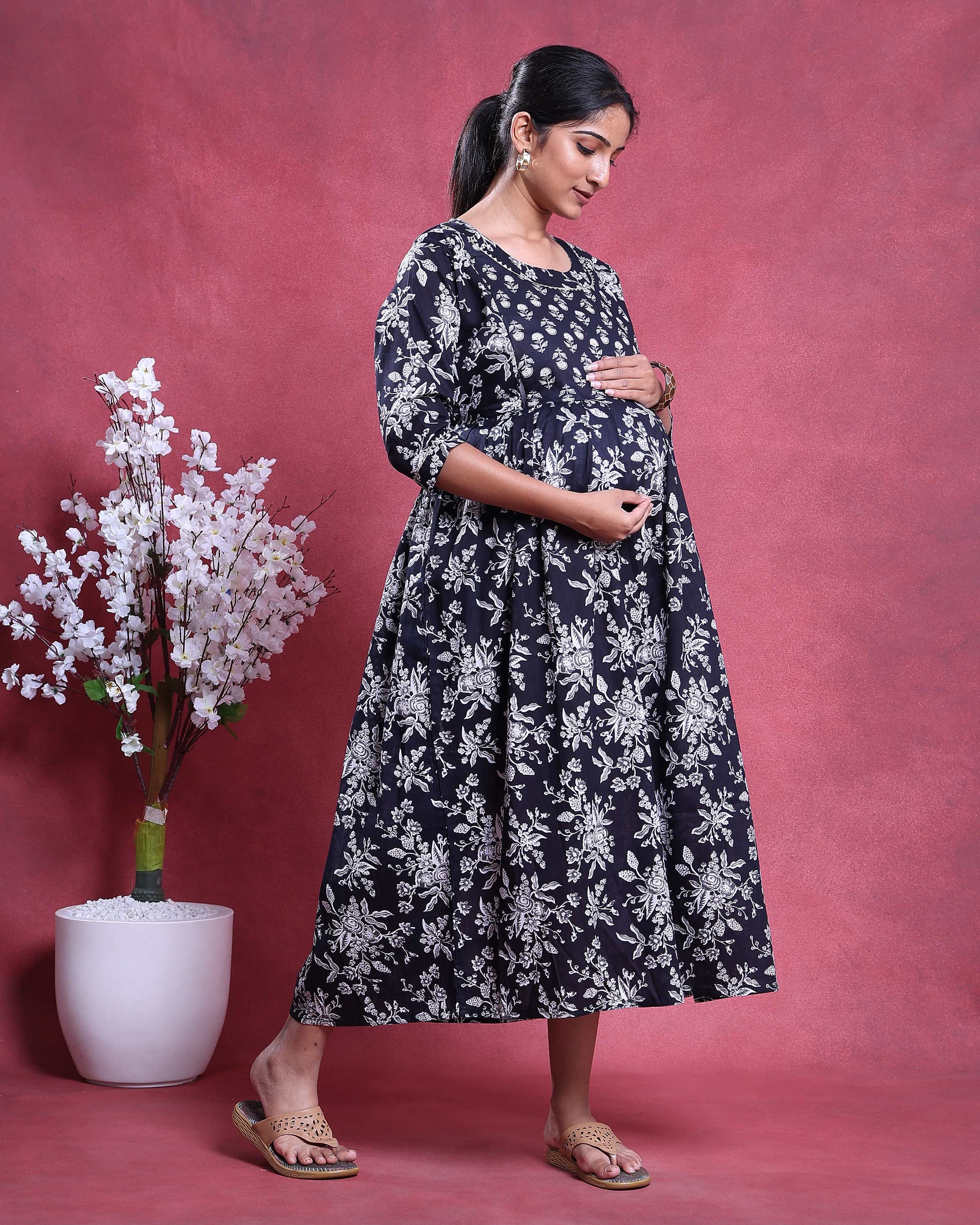 Women’s Floral Print Maternity Feeding Dress with Round Neck and 3/4th Sleeves -Left Side Image