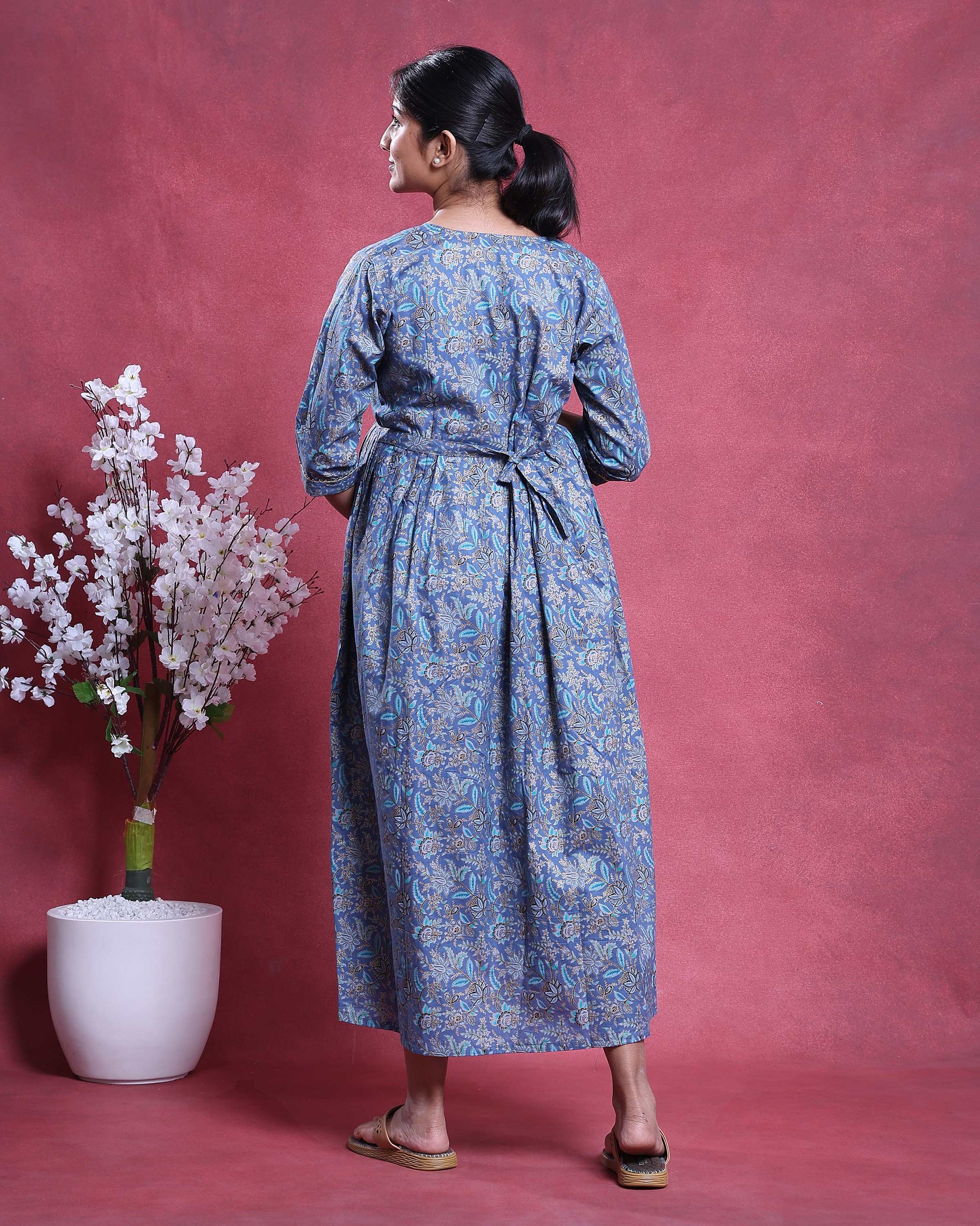 Women’s Floral Print Maternity Feeding Dress with Round Neck and 3/4th Sleeves - Back Side Image