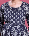 Women’s Floral Print Maternity Feeding Dress with Round Neck and 3/4th Sleeves - Black-Close Up