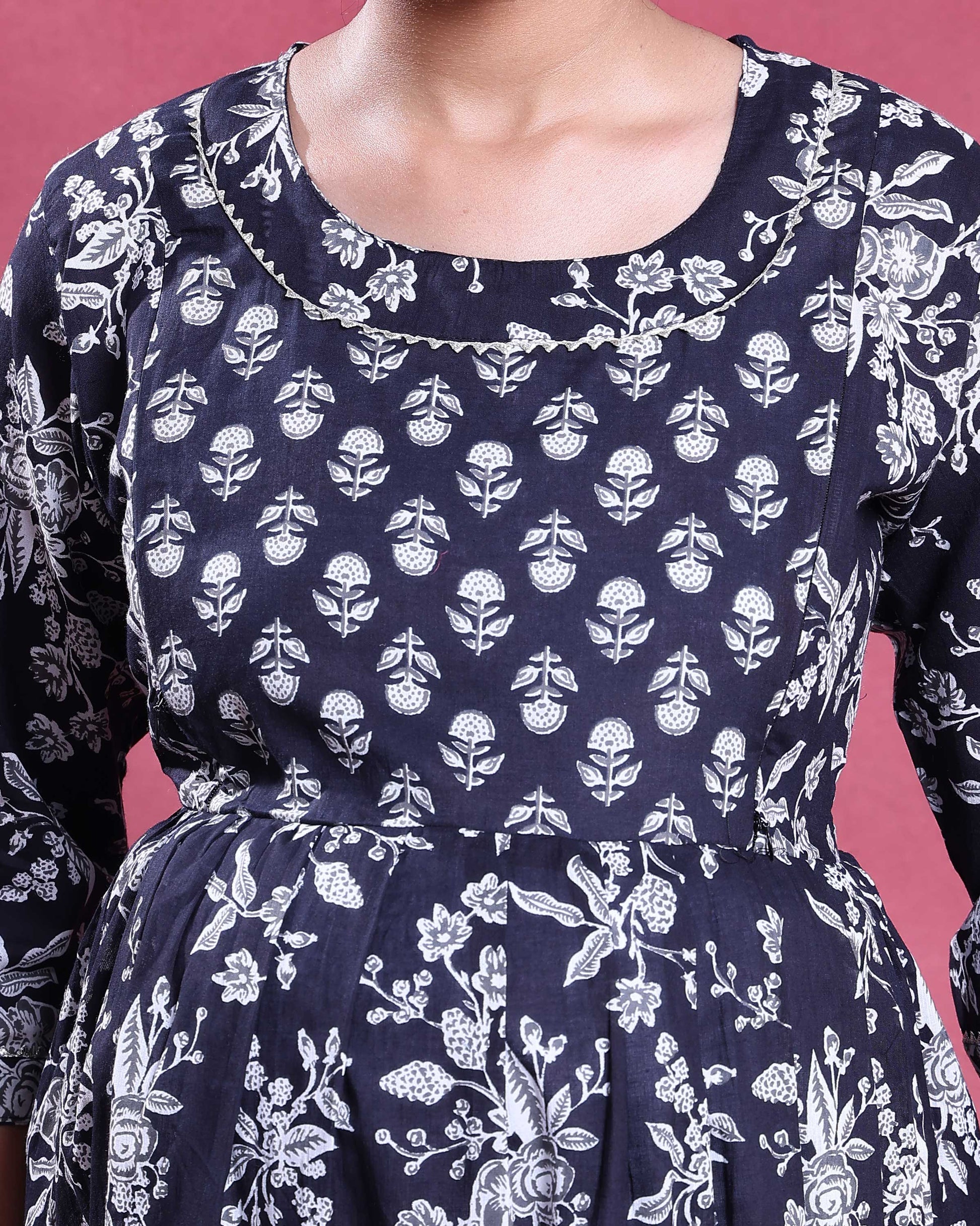 Women’s Floral Print Maternity Feeding Dress with Round Neck and 3/4th Sleeves - Black-Close Up