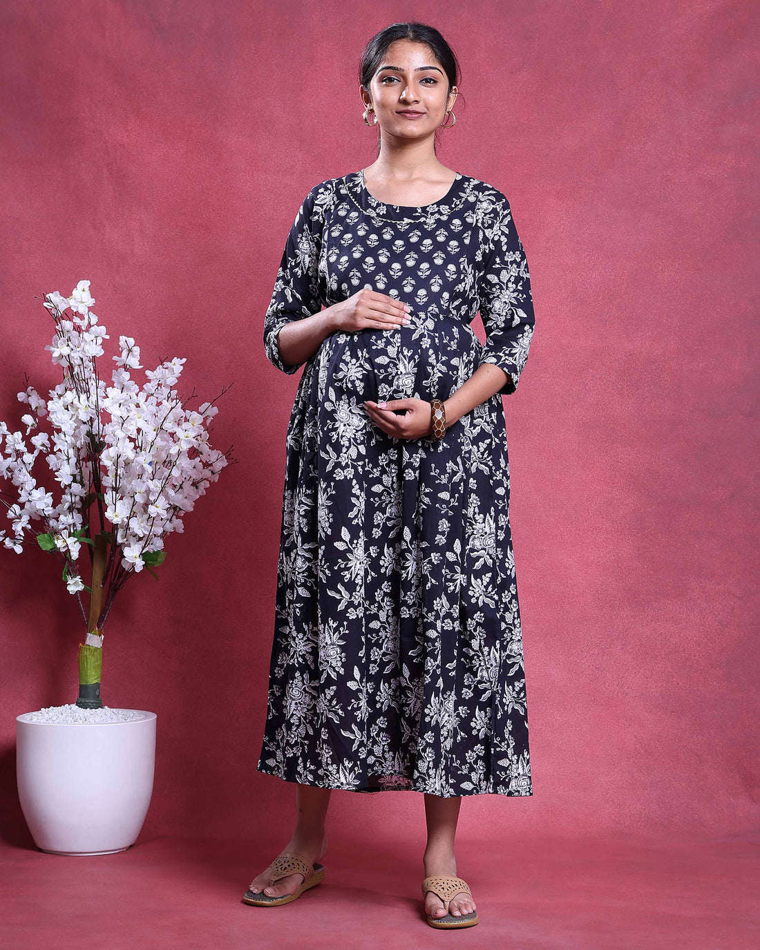 Women’s Floral Print Maternity Feeding Dress with Round Neck and 3/4th Sleeves - Black