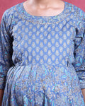 Women’s Floral Print Maternity Feeding Dress with Round Neck and 3/4th Sleeves - Blue-Close Up