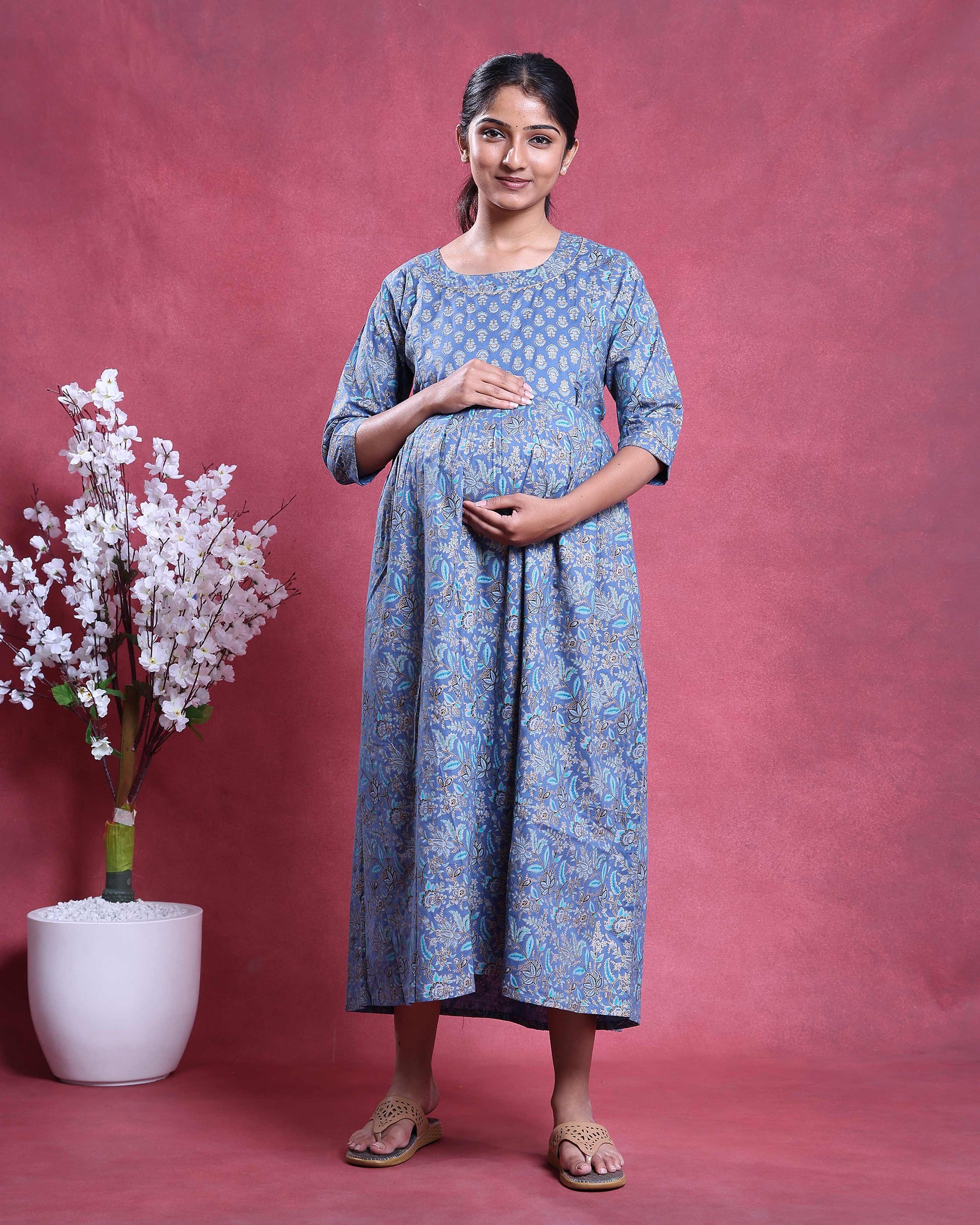 Women’s Floral Print Maternity Feeding Dress with Round Neck and 3/4th Sleeves - Blue