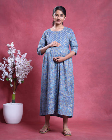 Women’s Floral Print Maternity Feeding Dress with Round Neck and 3/4th Sleeves - Blue