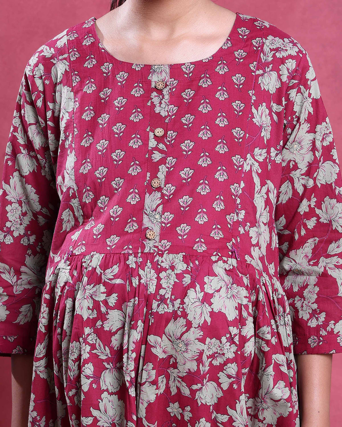 Women’s Floral Print Maternity Feeding Dress with Round Neck and 3/4th Sleeves - Maroon