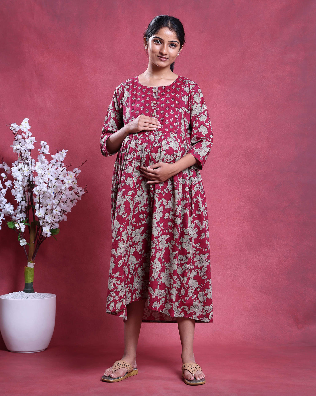 Women’s Floral Print Maternity Feeding Dress with Round Neck and 3/4th Sleeves - Maroon