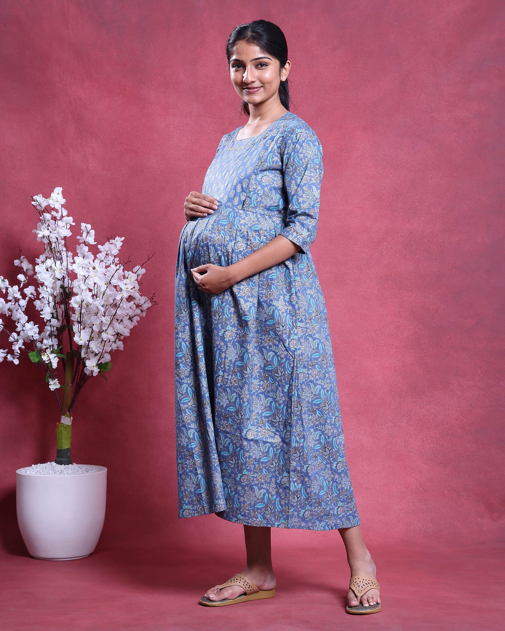 Women’s Floral Print Maternity Feeding Dress with Round Neck and 3/4th Sleeves - Right Side Image