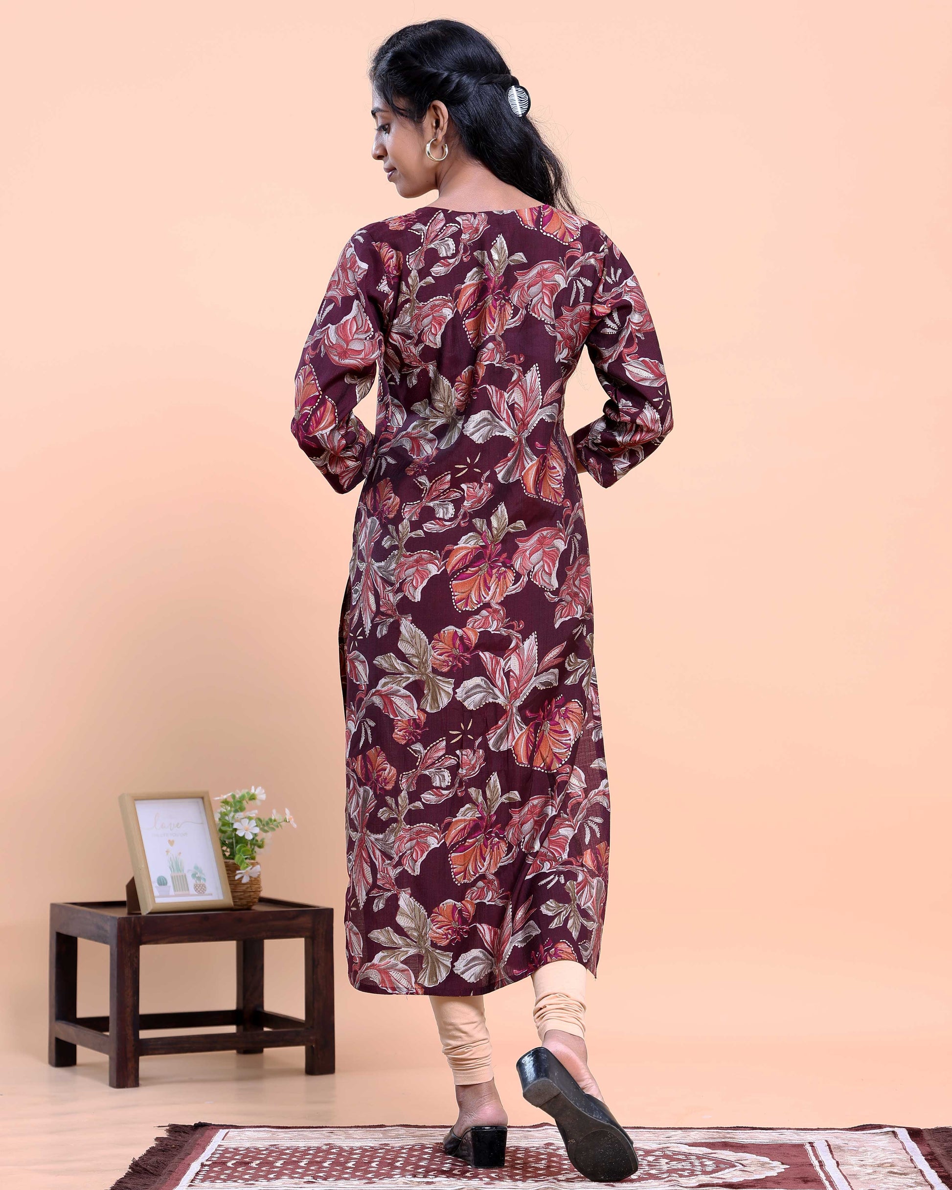 Women's Floral Print Straight Kurta with 3/4 Sleeves - Purple
