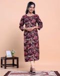 Women's Floral Print Straight Kurta with 3/4 Sleeves - Purple