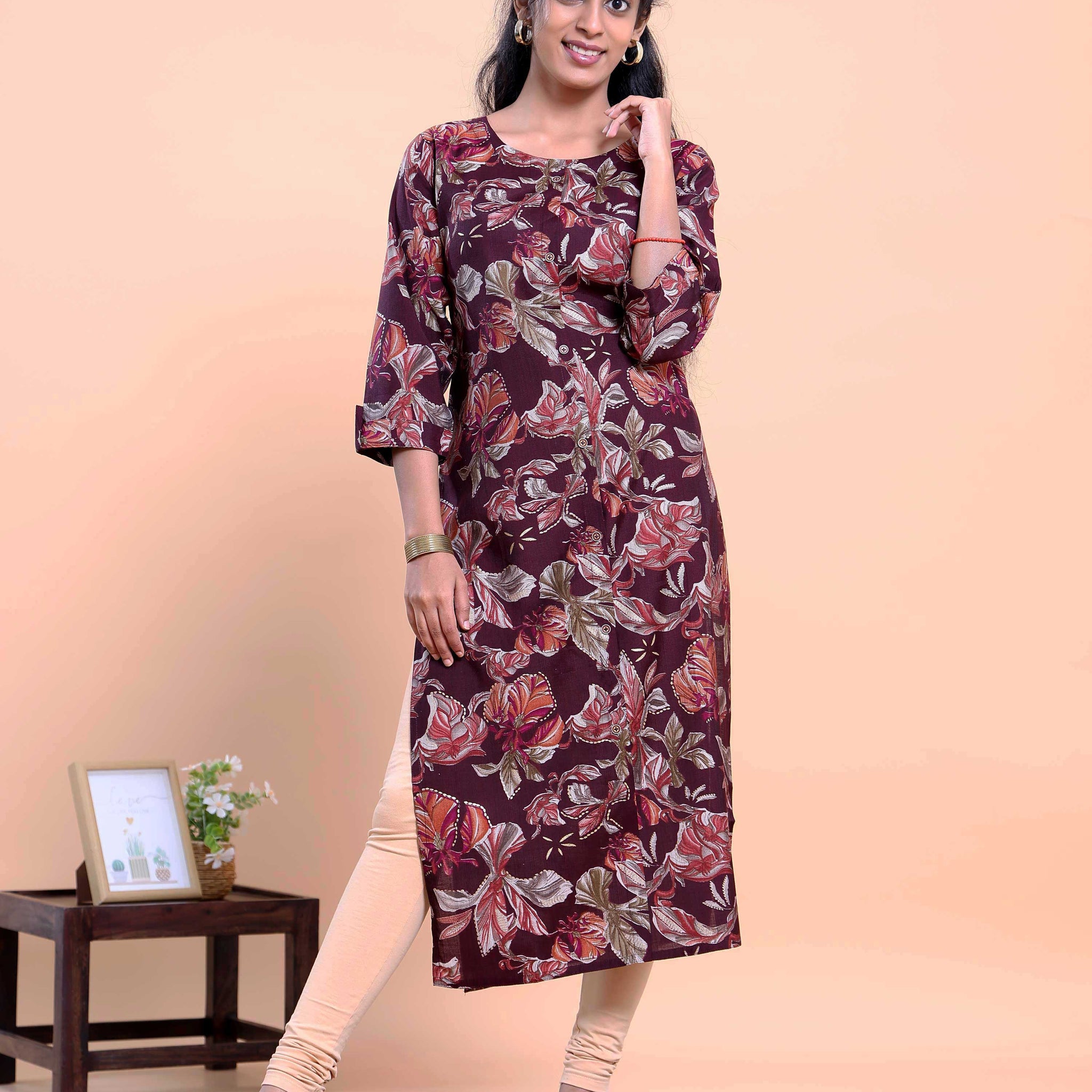 Women's Floral Print Straight Kurta with 3/4 Sleeves - Purple