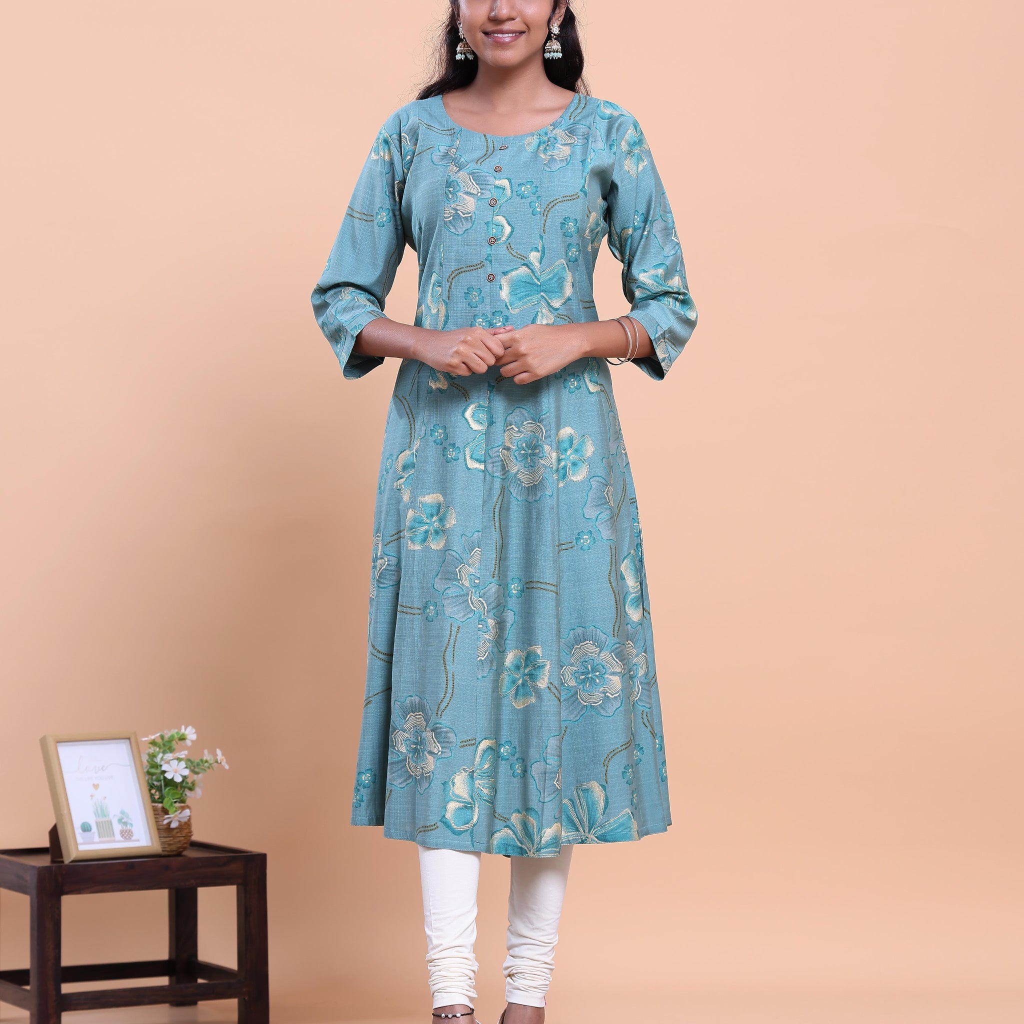 Women's Floral Printed A-Line Kurta with 3/4 Sleeves and Round Neck - Blue