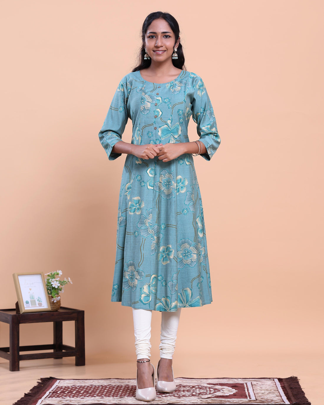 Women's Floral Printed A-Line Kurta with 3/4 Sleeves and Round Neck - Blue