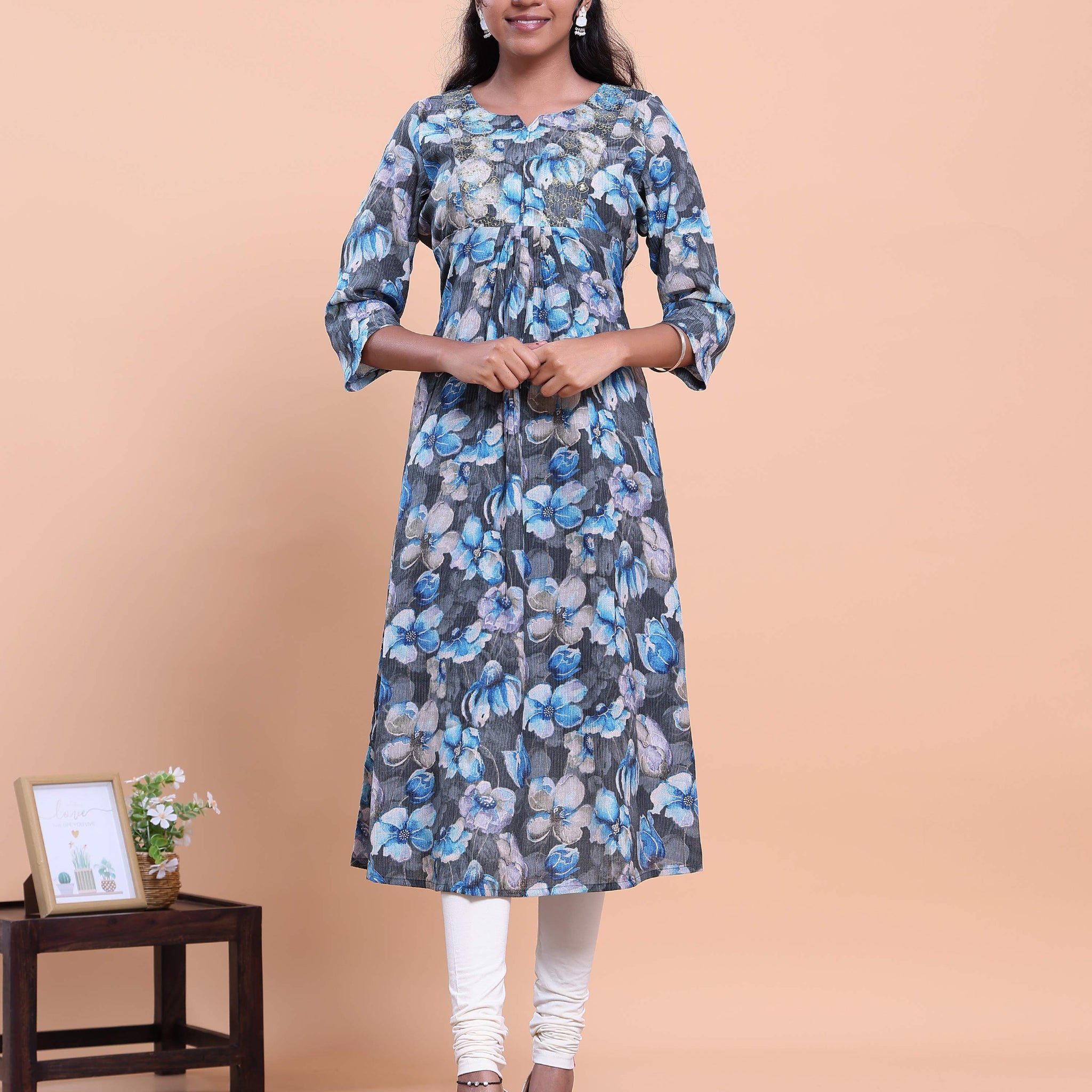Women's Floral Printed A-Line Kurta with 3/4th Sleeves - Blue