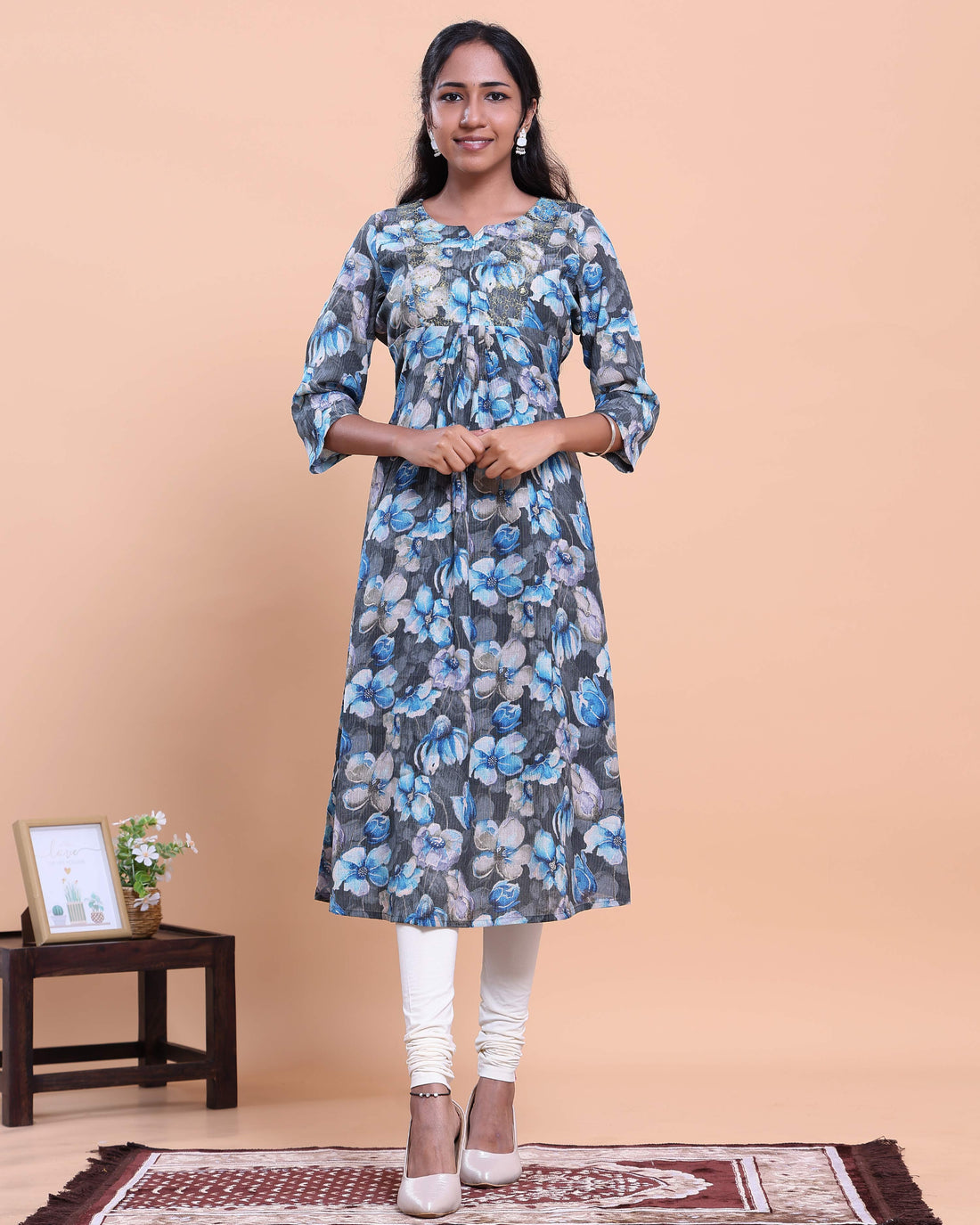 Women's Floral Printed A-Line Kurta with 3/4th Sleeves - Blue