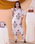 Women’s Floral Printed Kurta Set with Elegant Stitch Detailing  - Off White