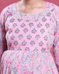 Women’s Floral Printed Maternity Dress with Round Neck 3/4 Sleeves Empire Waist Gathered Design and Flared A-Line Silhouette - Pink
