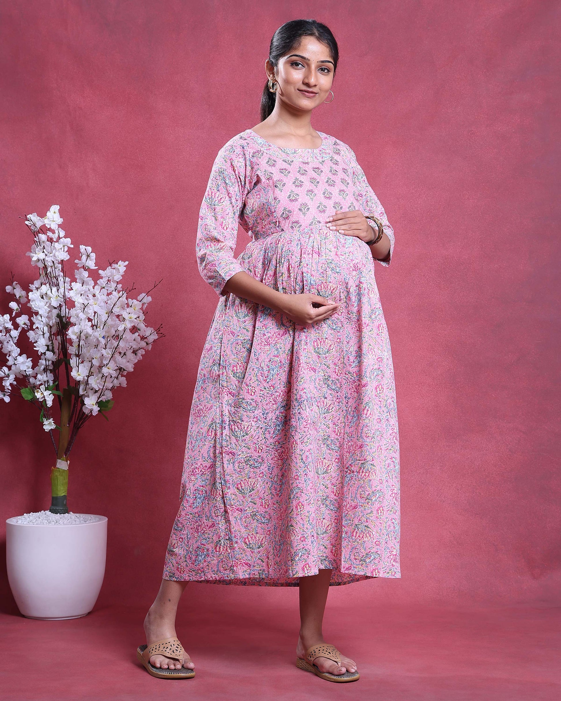 Women’s Floral Printed Maternity Dress with Round Neck 3/4 Sleeves Empire Waist Gathered Design and Flared A-Line Silhouette - Pink