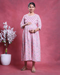 Women’s Floral Printed Maternity Dress with Round Neck 3/4 Sleeves Empire Waist Gathered Design and Flared A-Line Silhouette - Pink