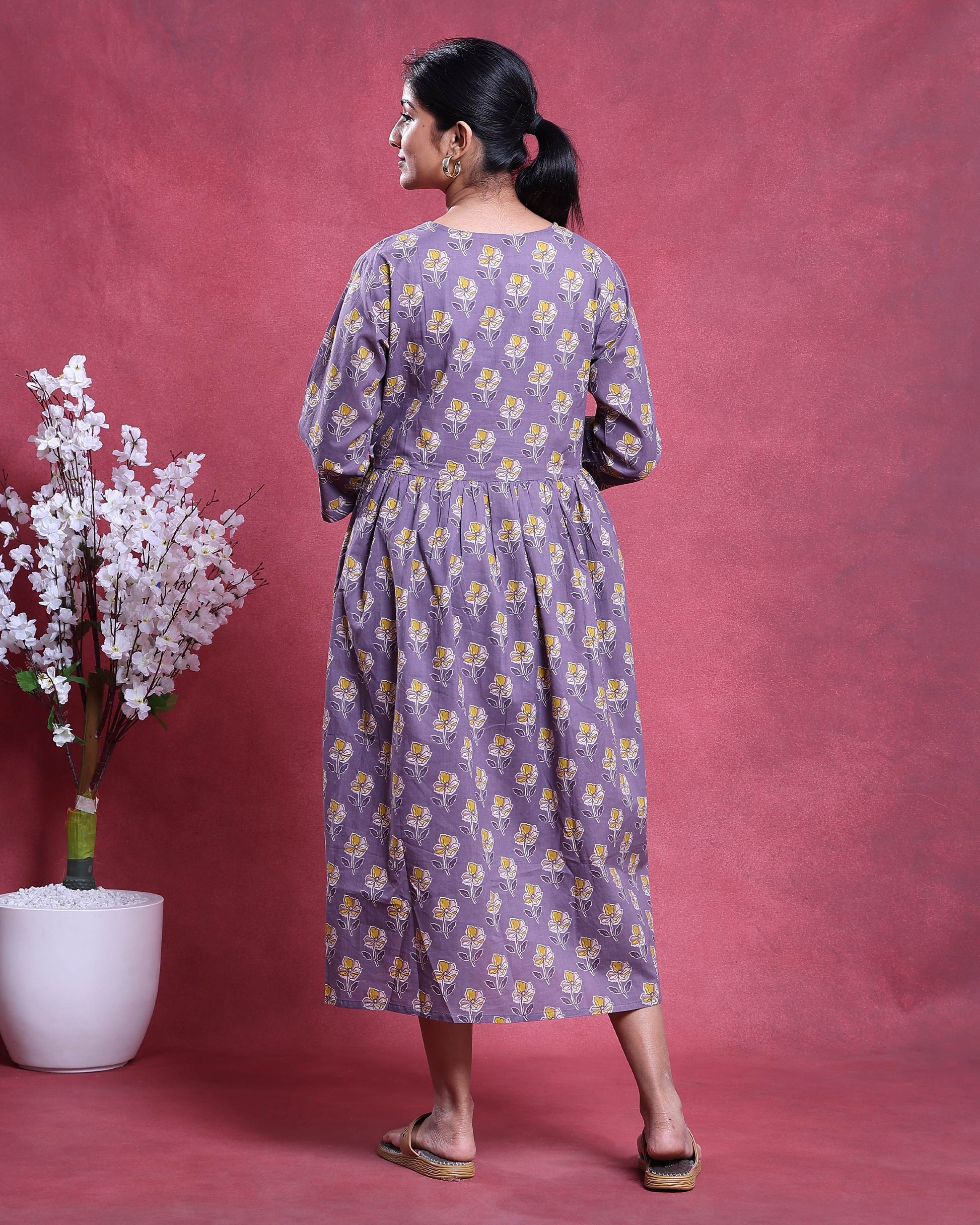 Women’s Floral Printed Maternity Feeding Dress with Buttoned Front Panel Gathered A-Line Silhouette Round Neck & 3/4th Sleeves -Back Side Image