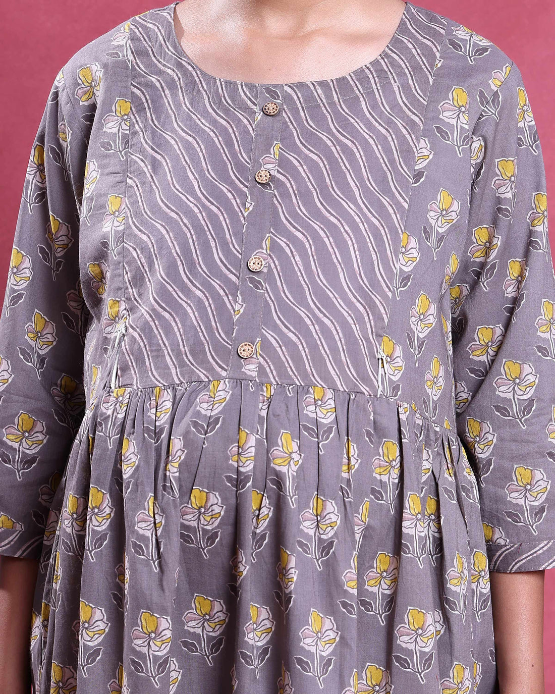 Women’s Floral Printed Maternity Feeding Dress with Buttoned Front Panel Gathered A-Line Silhouette Round Neck & 3/4th Sleeves -Grey