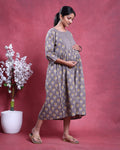 Women’s Printed Maternity Knee Length Feeding Dress with Round Neck and 3/4th Sleeves, Grey