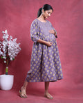 Women’s Floral Printed Maternity Feeding Dress with Buttoned Front Panel Gathered A-Line Silhouette Round Neck & 3/4th Sleeves -Left Side Image