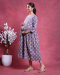 Women’s Floral Printed Maternity Feeding Dress with Buttoned Front Panel Gathered A-Line Silhouette Round Neck & 3/4th Sleeves -Right Side Image