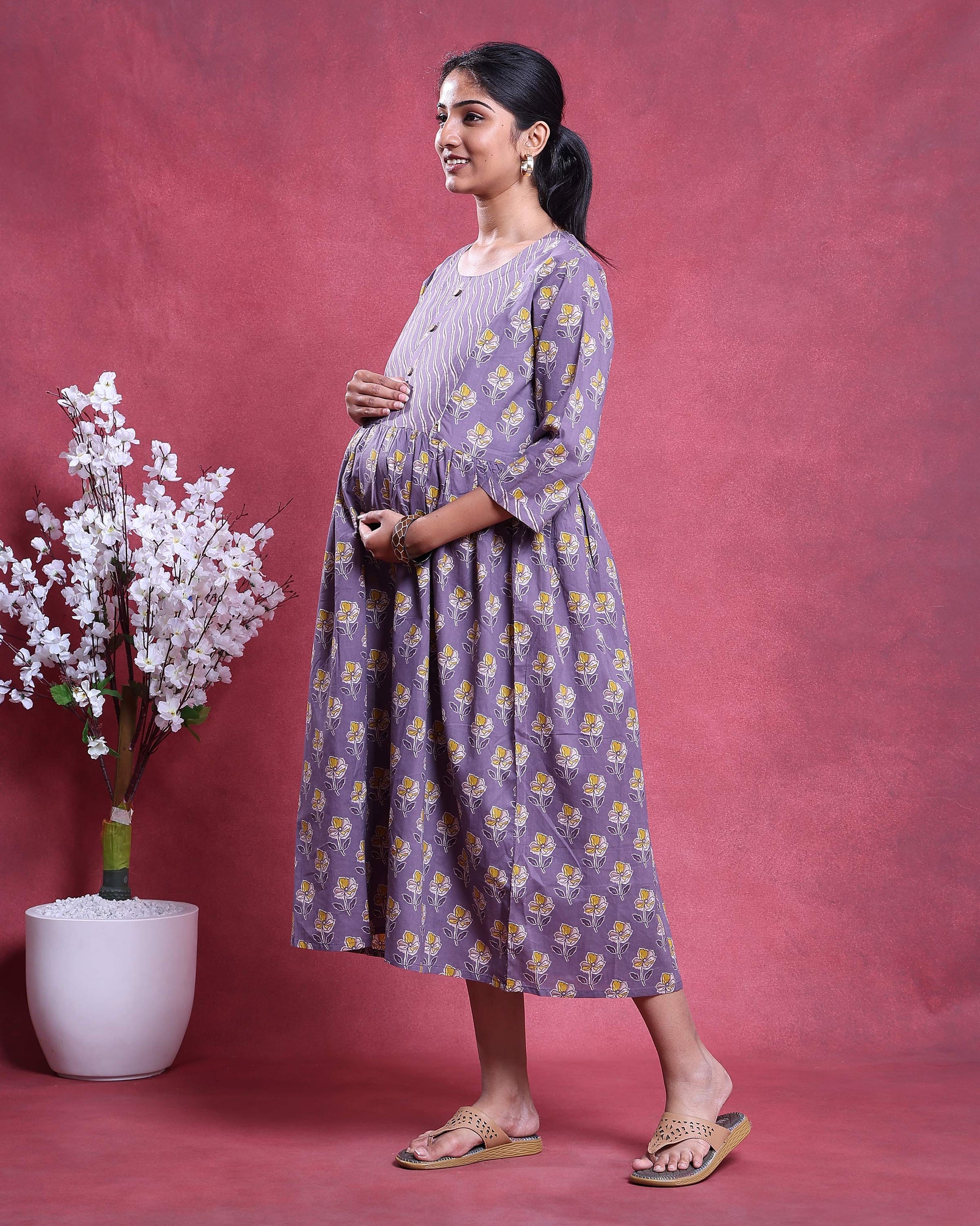 Women’s Floral Printed Maternity Feeding Dress with Buttoned Front Panel Gathered A-Line Silhouette Round Neck & 3/4th Sleeves -Right Side Image