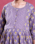 Women’s Floral Printed Maternity Feeding Dress with Buttoned Front Panel Gathered A-Line Silhouette Round Neck & 3/4th Sleeves - Purple-Close Up
