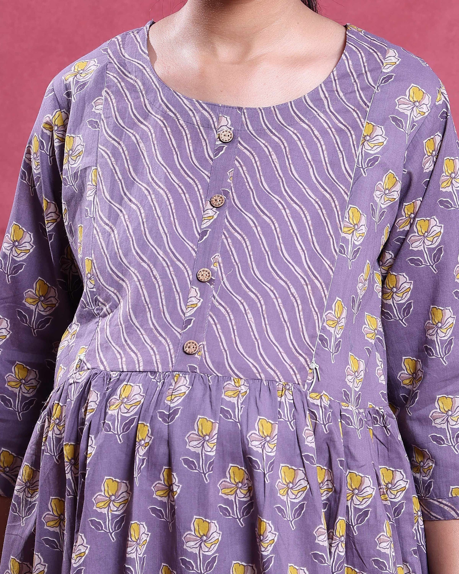 Women’s Floral Printed Maternity Feeding Dress with Buttoned Front Panel Gathered A-Line Silhouette Round Neck & 3/4th Sleeves - Purple-Close Up