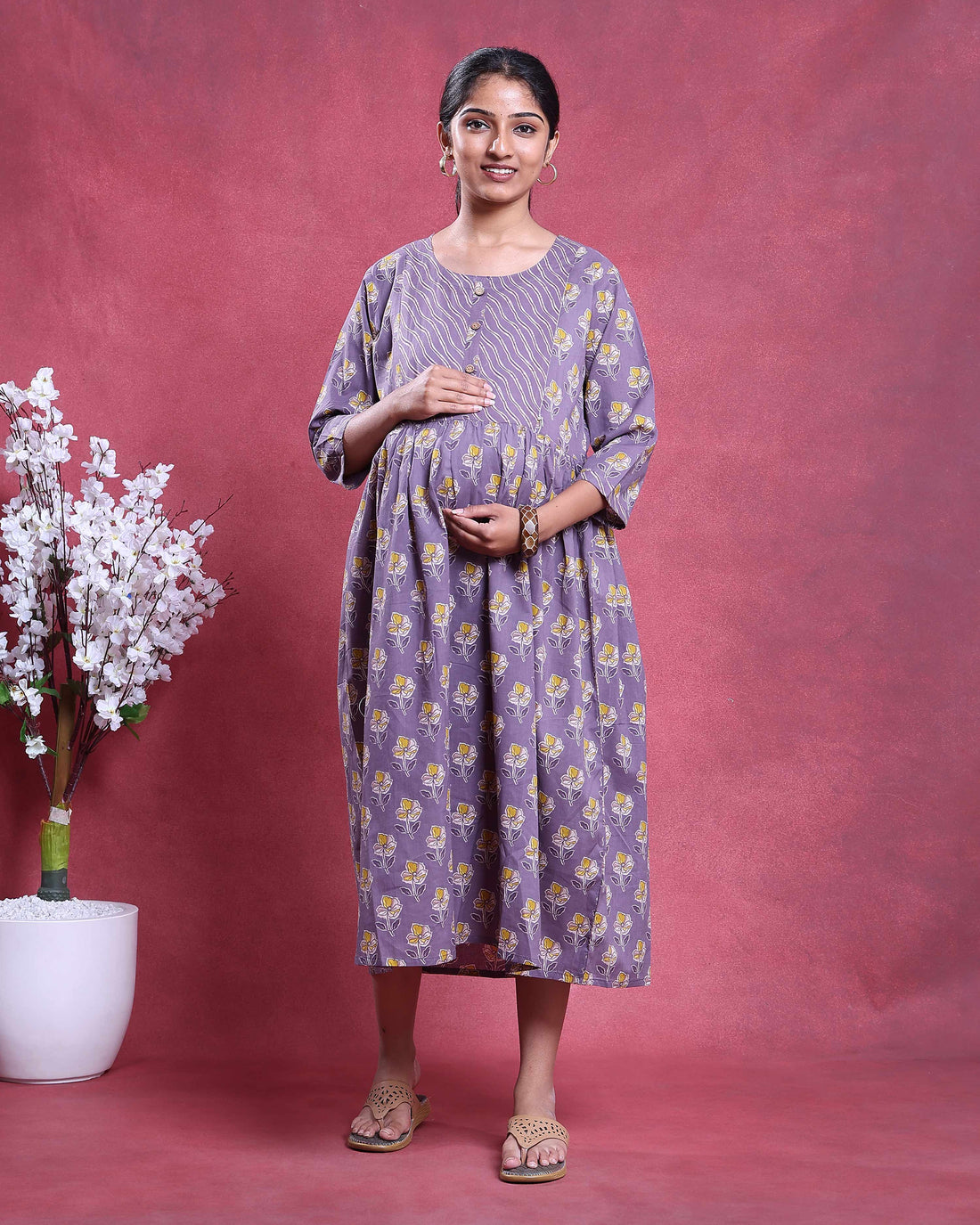 Women’s Floral Printed Maternity Feeding Dress with Buttoned Front Panel Gathered A-Line Silhouette Round Neck & 3/4th Sleeves - Purple