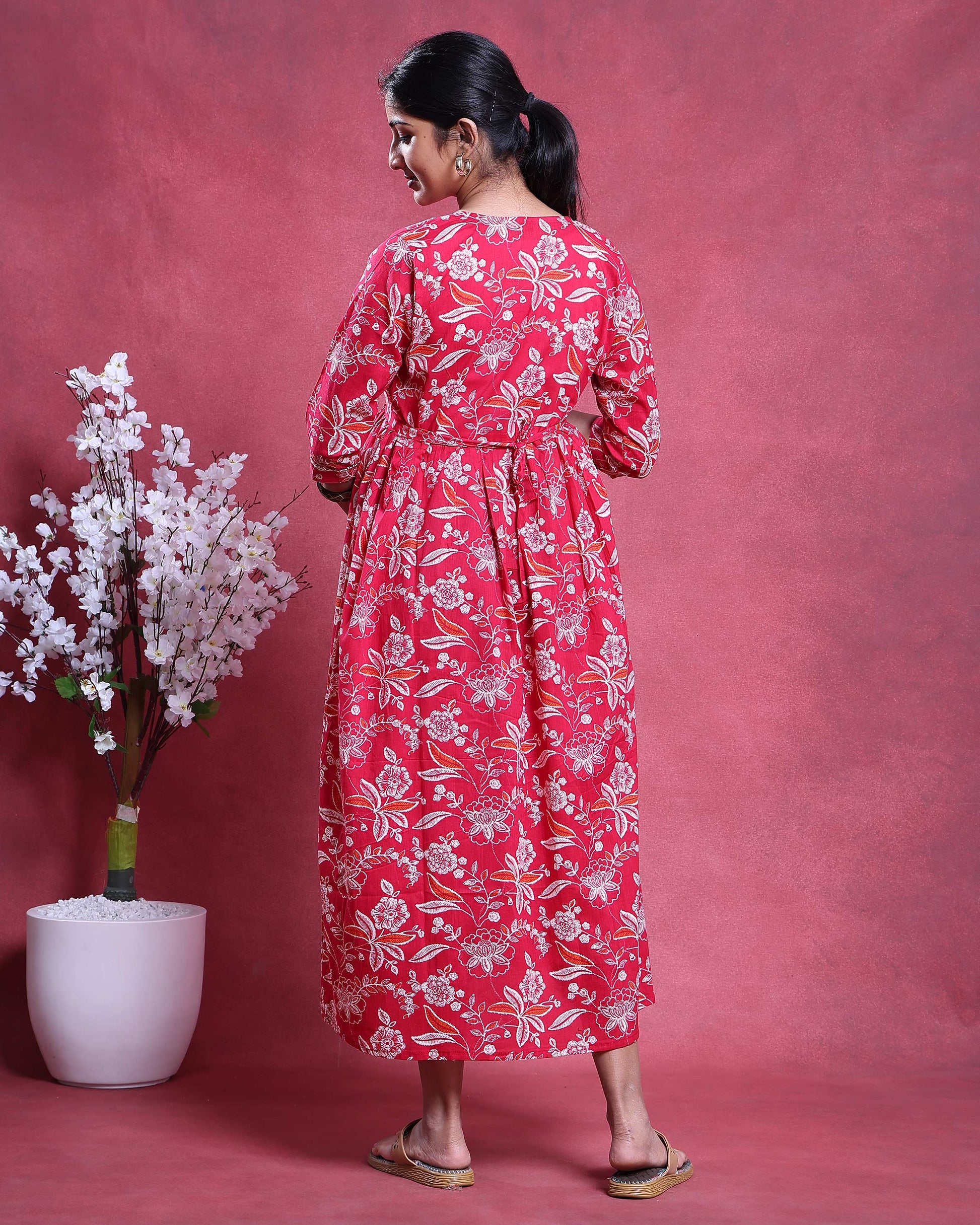 Women’s Floral Printed Maternity Feeding Dress with Concealed Zipper Nursing Access A-Line Fit Round Neck and 3/4th Sleeves -Back Side Image