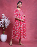 Women’s Floral Printed Maternity Feeding Dress with Concealed Zipper Nursing Access A-Line Fit Round Neck and 3/4th Sleeves -Left Side Image
