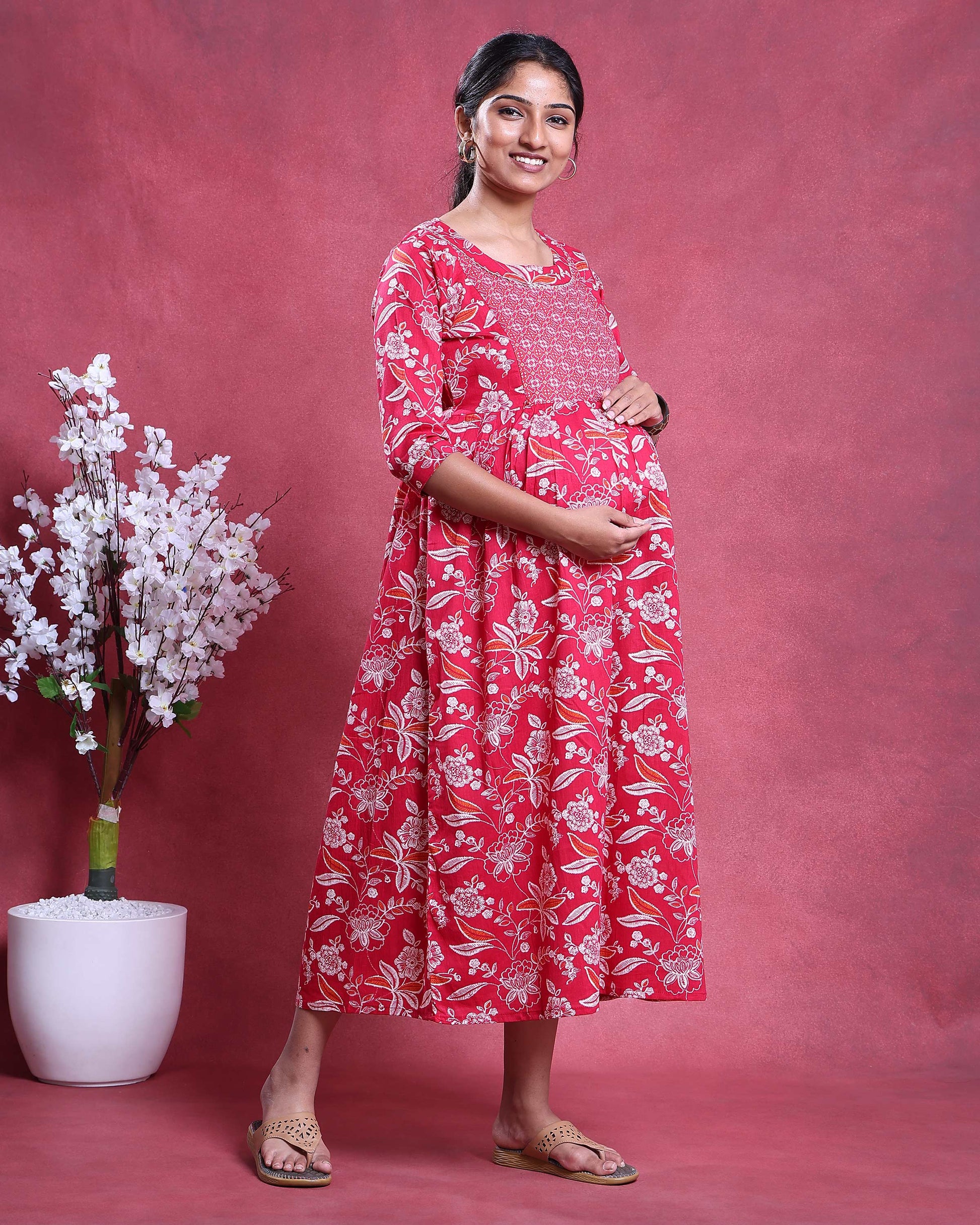 Women’s Floral Printed Maternity Feeding Dress with Concealed Zipper Nursing Access A-Line Fit Round Neck and 3/4th Sleeves -Left Side Image